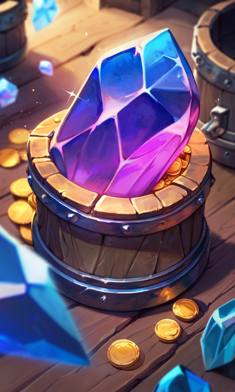 score_9, score_8_up, score_7_up, BREAK, soure_safe, no humans, sparkle, gem, crystal, glint, coin, gold, barrel, treasure chest, wood, depth of field, hearthstonestyle, trending on artstation <lora:HearthStoneStyle_v1:0.8>