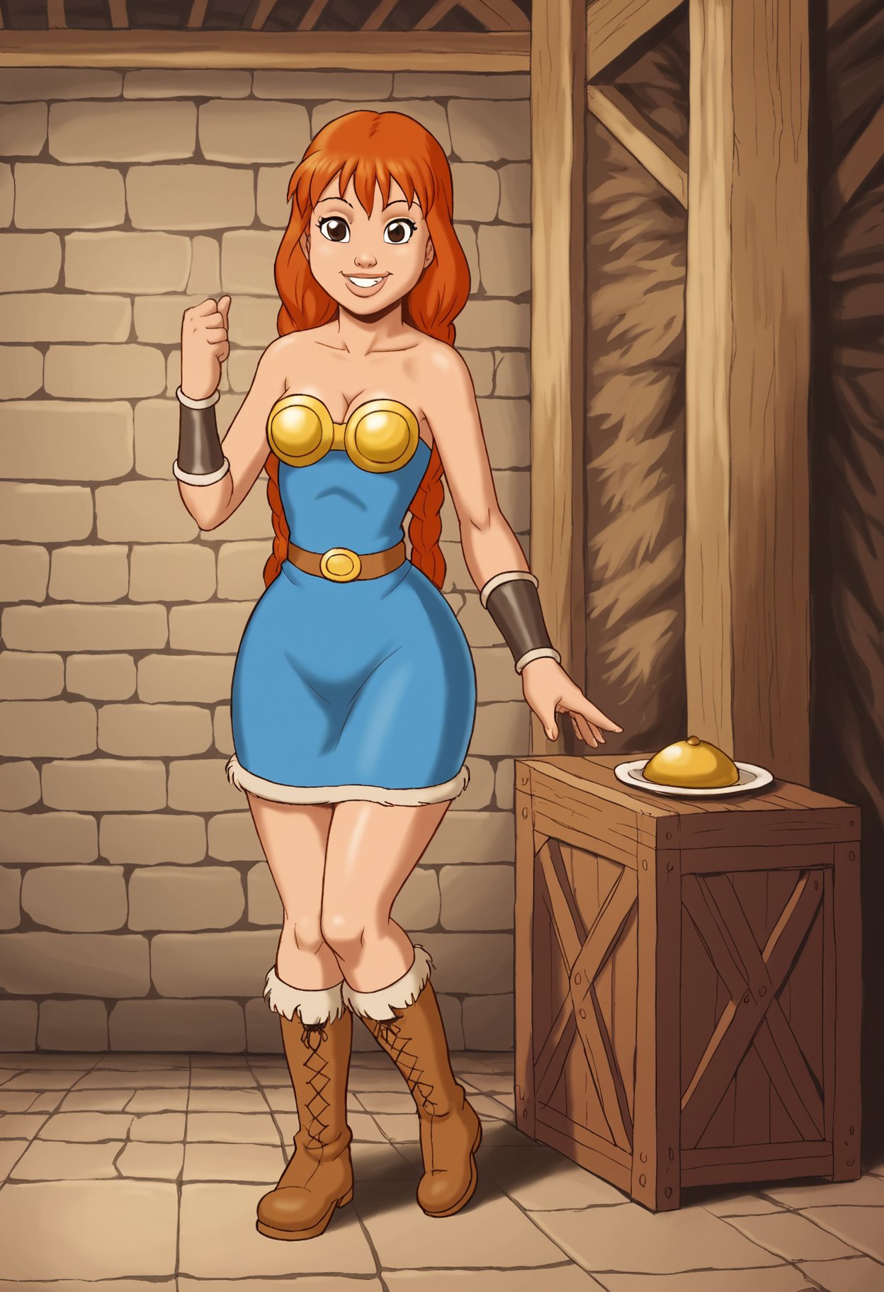 1girl, solo, breastplate, cleavage, narrow waist, wide hips, smile, dress, strapless, boots, bracer, agambedotti-dh <lora:Artist_Style_-_Atilio_Gambedotti_PDXL:1> <lora:add-detail-xl:0.5> <lora:Abbapony:0.7>