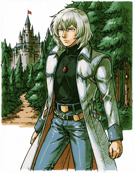 solo, 1boy, male focus, jewelry, belt, coat, denim, pants, jeans, necklace, turtleneck, white hair, grey eyes, pendant, soma cruz <lora:Soma_Cruz_Castlevania_Aria_of_SorrowIllustrious:1> <lora:Amazon(Taitara)_IL:0.8> taitara, castle, forest,<lora:Marvel_vs._Capcom_2_New_Age_of_Heroes_Style:0.8> mvc2 style, hatching (texture)