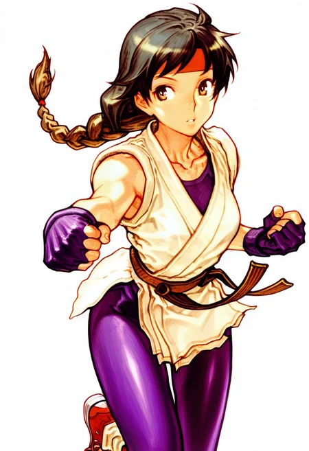 masterpiece, best quality, very aesthetic, absurdres, 
1girl, cowboy_shot, solo, vanillaware,  (masterpiece),(best quality),(ultra-detailed),(best illustration),(best shadow),(absurdres),(detailed background),(very aesthetic)
,
NishimuraXL,
1girl, solo,yuri sakazaki, 1girl,solo, black hair, red headband,single braid,dougi,collarbone,sleeveless,fingerless gloves,martial arts belt,spandex,loose socks,sneakers,simple background, fullbody, shade, dynamic pose