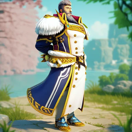 Score_7_up, score_8_up, score_9, solo male, galleus, mature male, grey hair, facial hair, armor, full body, side view, looking at viewer, hands behind back, outdoors, blurry background,