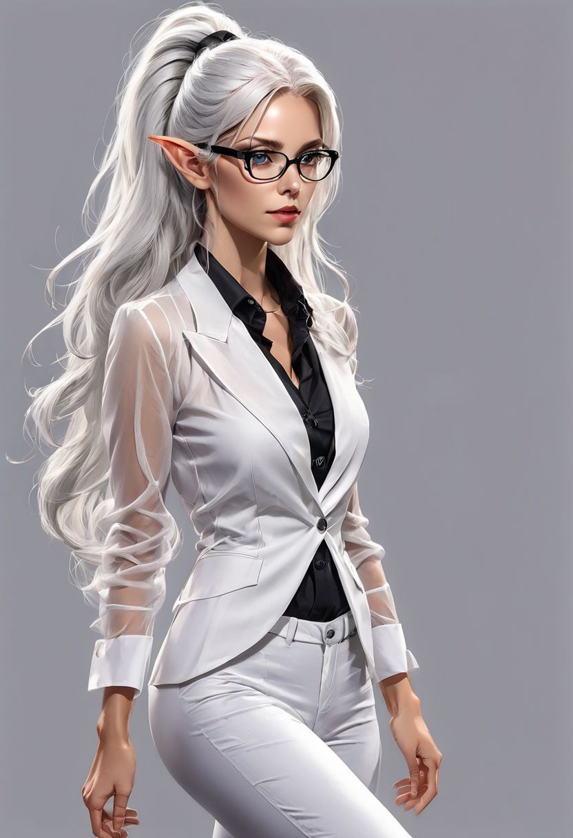 Full body Fantasy young tall elf woman, very long legs, medium breasts, (saggy breasts:2), in an elegant white office jacket and pants, necktie, very tight black silk gilet under her breasts like a corset, over a white see through linen shirt, braless, black thin glasses, sharp glare, fingers on glasses, very long white hair in a straight ponytail long under her buttocks.
Studio light, gray background.
Hyper realistic, HDR, 8K, Trending on Artstation, very detailed, sharp