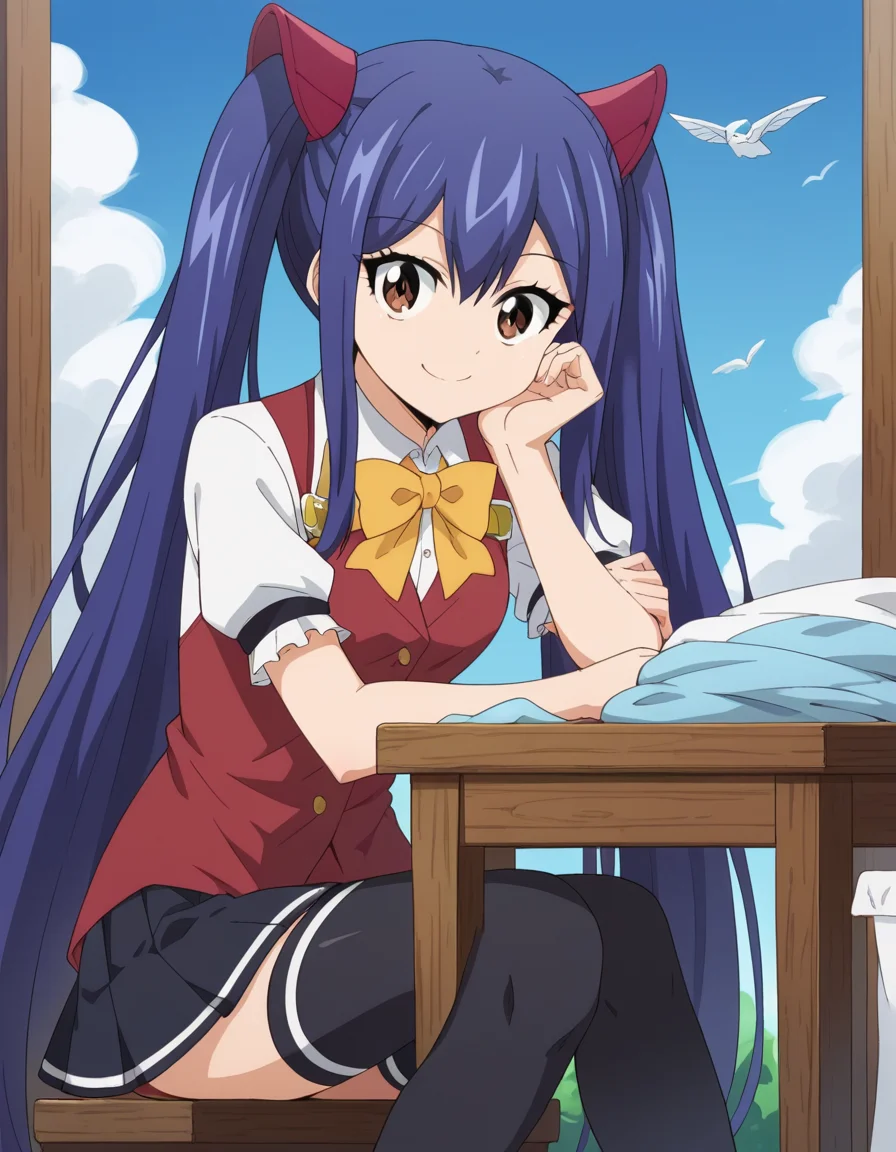 score_9, score_8_up, score_7_up, source_anime, <lora:wendy-marvell-100yq-ponyxl-lora-nochekaiser:1>, wendy marvell, long hair, hair ornament, ribbon, hair between eyes, twintails, brown eyes, very long hair, blue hair,, skirt, thighhighs, bow, ribbon, pleated skirt, black thighhighs, bowtie, black skirt, zettai ryouiki, yellow bow, yellow ribbon, laundry day, clothesline, drying clothes, domestic life, fresh air, blue sky, smile, , sitting, elbow rest, table,, solo,, dutch angle,
