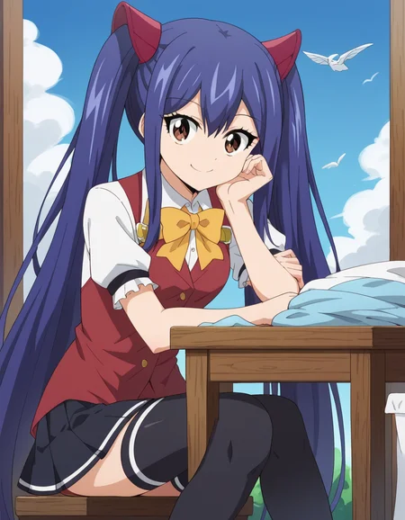 score_9, score_8_up, score_7_up, source_anime, <lora:wendy-marvell-100yq-ponyxl-lora-nochekaiser:1>, wendy marvell, long hair, hair ornament, ribbon, hair between eyes, twintails, brown eyes, very long hair, blue hair,, skirt, thighhighs, bow, ribbon, pleated skirt, black thighhighs, bowtie, black skirt, zettai ryouiki, yellow bow, yellow ribbon, laundry day, clothesline, drying clothes, domestic life, fresh air, blue sky, smile, , sitting, elbow rest, table,, solo,, dutch angle,