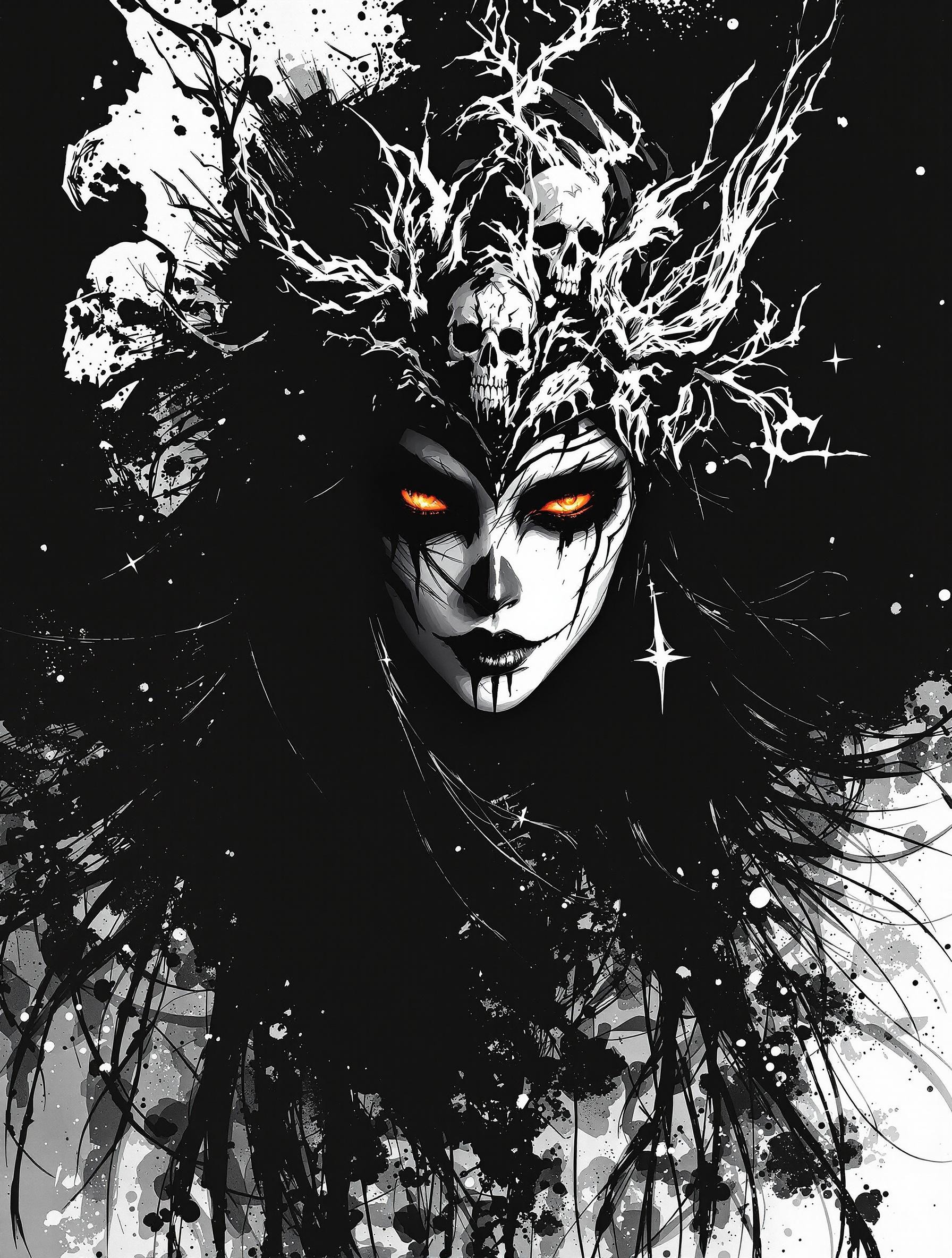 expressive poster ink art, Silhouette Art, magnificent, broad expressive brushstrokes, masterpiece, portrait of beautiful oriental female shaman, long black hair with skull-themed helmet, black and white face paint in a skull fashion, burning bright eyes, chiascuro, looming out of a black background, high contrast, erotic, sexy, HD32K, wallpaper, hyperdetailed, concept art