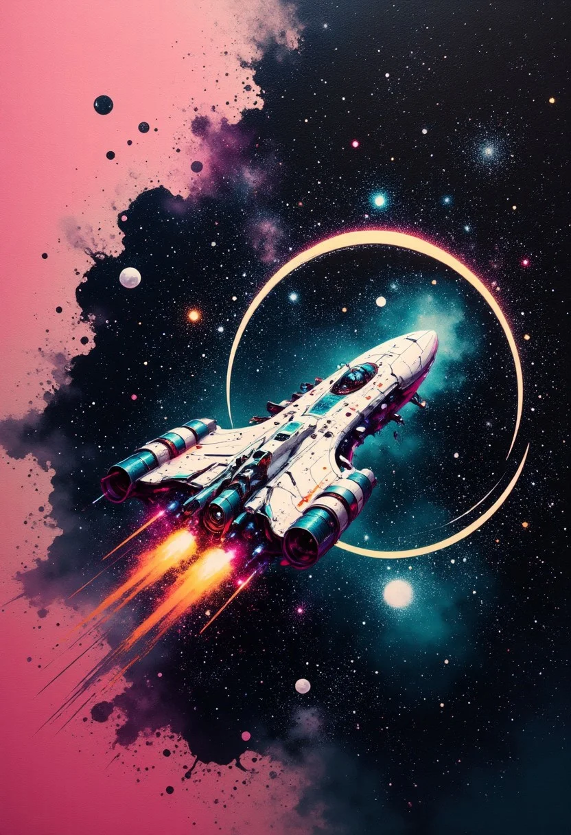 aidmainkstyle, abstract oil painting, gradient vibrant neon colour, rough, textural, broad brush strokes, a sleek spaceship traversing interstellar space, detailed night sky with stars and nebulas