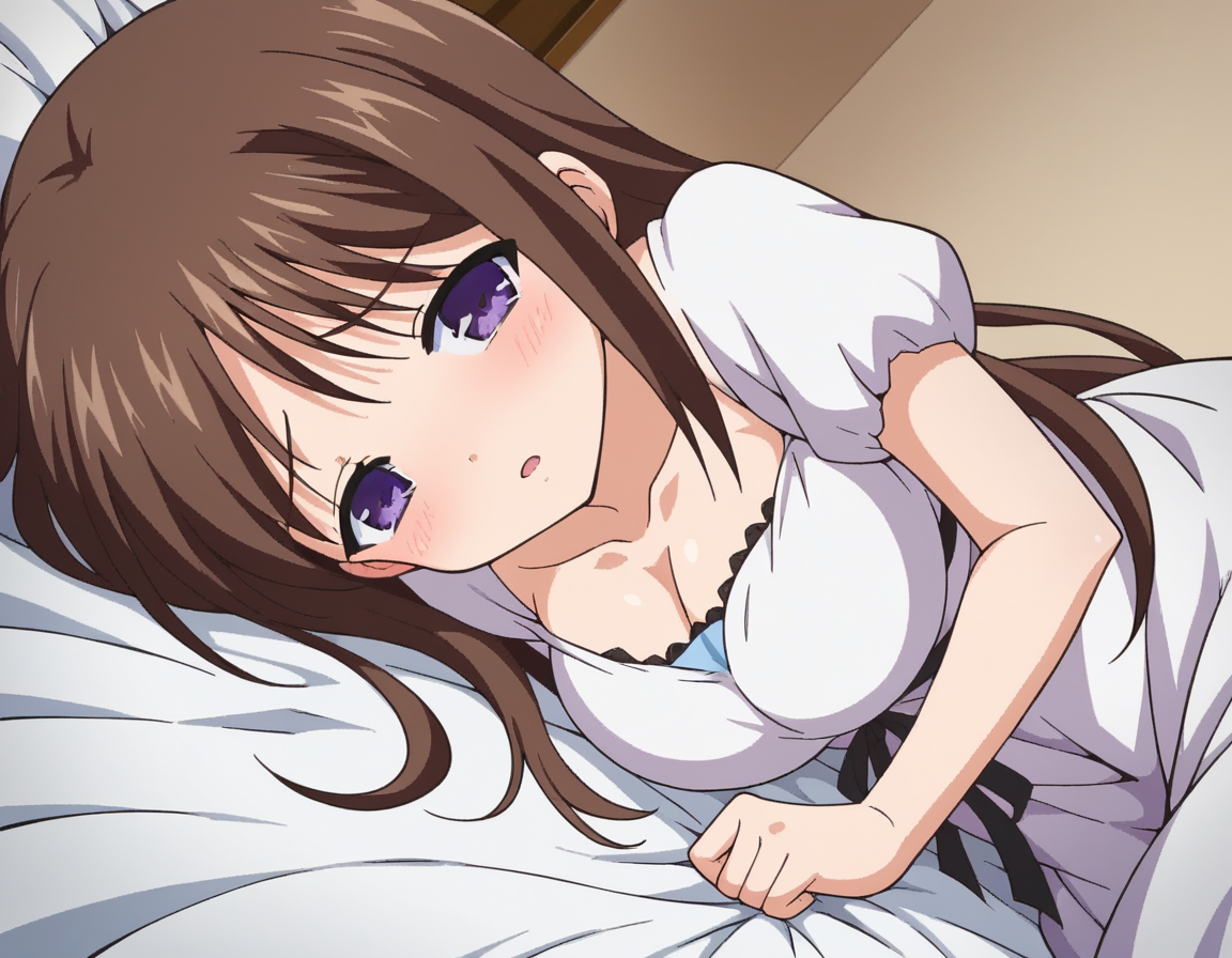 score_9, score_8_up, score_7_up, source_anime,
marinaakizuki, <lora:marina-akizuki-ponyxl-lora-nochekaiser:1>
marina akizuki, long hair, brown hair, purple eyes, large breasts,
dress, ribbon, collarbone, short sleeves, white dress,
indoors, bed, bed room, on side, blush, drunk,
looking at viewer, dutch angle, cowboy shot,