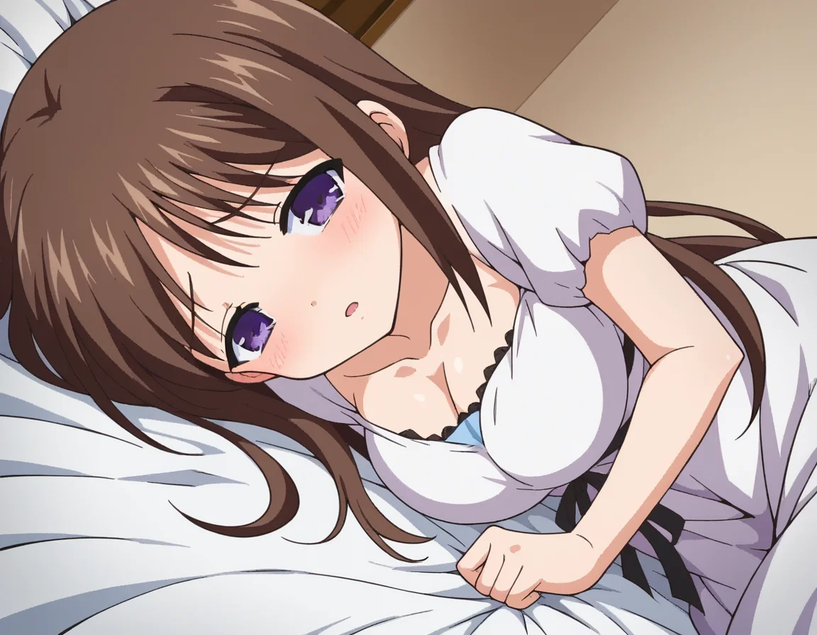 score_9, score_8_up, score_7_up, source_anime,
marinaakizuki, <lora:marina-akizuki-ponyxl-lora-nochekaiser:1>
marina akizuki, long hair, brown hair, purple eyes, large breasts,
dress, ribbon, collarbone, short sleeves, white dress,
indoors, bed, bed room, on side, blush, drunk,
looking at viewer, dutch angle, cowboy shot,