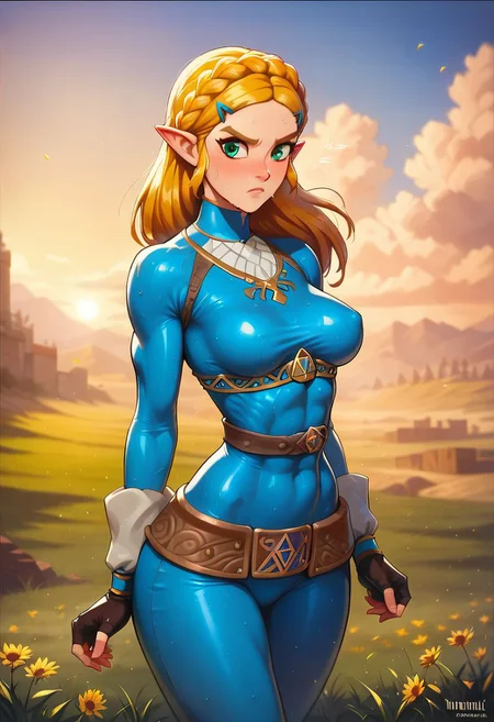 core_9, score_8_up, score_7_up,
1girl, Marcille Zelda, solo,
large breasts,
blue latex, sweaty battlesuit dress, tight bodysuit,
Serious scared expression,
(fighting on battle field with her army,
Battle field Crown of medieval soldiers,
From breath of the wild, hyrule:1.1)