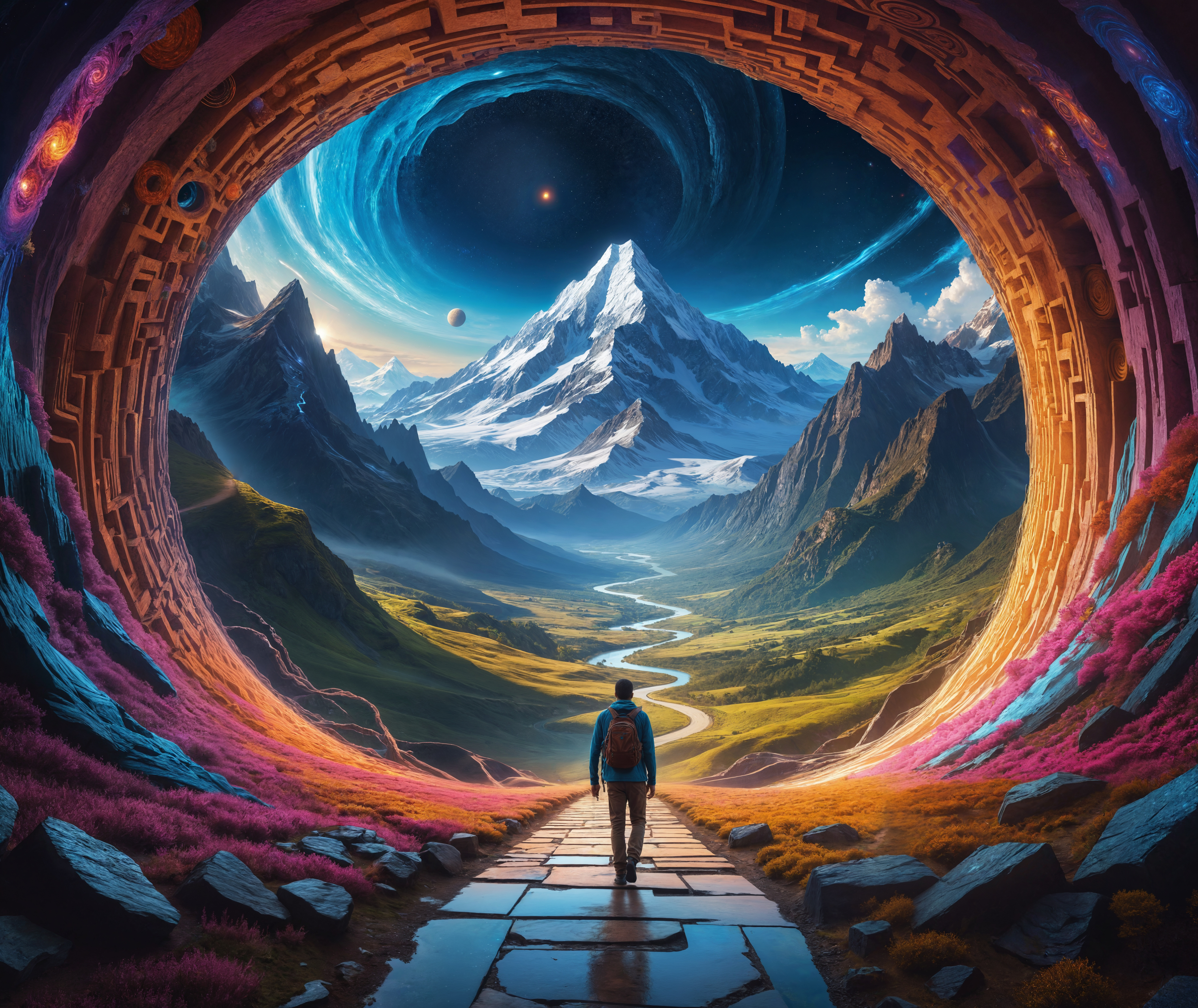 a man walking through a tunnel in space time,swirls and glimpses of other places and dimensions,with a mountain in the background,psytrance artwork,progressive rock album cover,beautiful avatar pictures,cryptocurrency in the background,entering the mind maze,beautiful render of a fairytale,creation,cinematic,colorful background,concept art,8k,dramatic lighting,high detail,highly detailed,hyper realistic,intricate,intricate sharp details,octane render,smooth,studio lighting,trending on artstation.