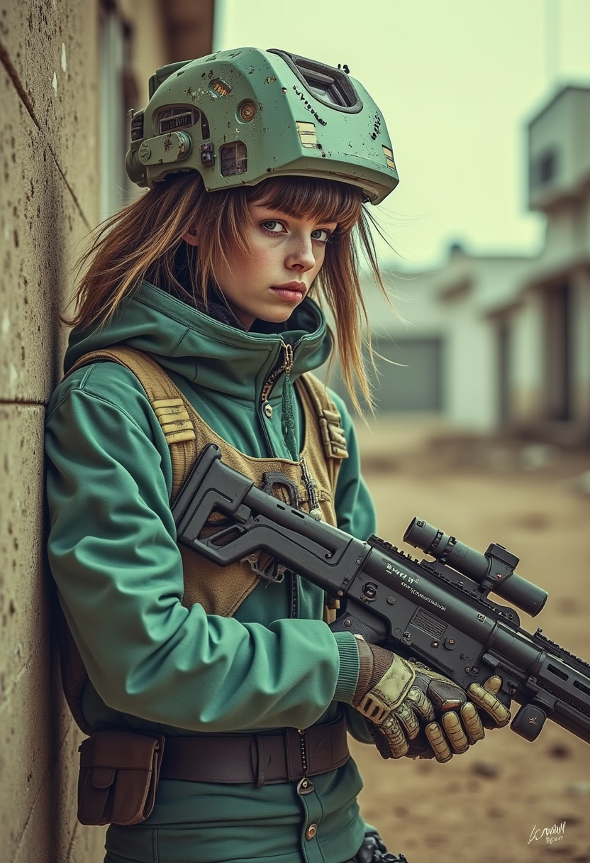 yfg-cehda nistyle, a female space pirate. long messy hair, bangs, sidelocks, battered teal power armour,  holding an assault rifle, sheltering behind a wall during a battle in a ruined, dusty city