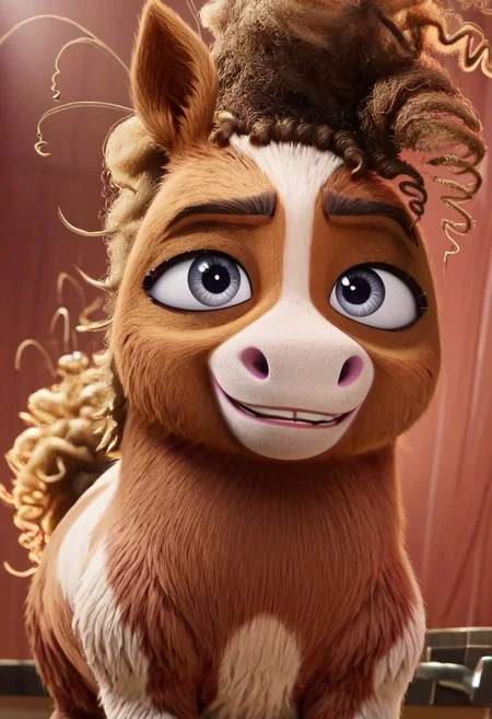 thelma pony, 1girl, small pony, short body, female pony, grey eyes, two-toned fur, brown and white fur, white line of fur in middle of face, brown hair, curly hair, brown tail, curly tail, feral, score_8_up, score_7_up, BREAK, 1girl, solo, looking at viewer, cute, smiling, smug, from below, female focus, looking at viewer, detailed background, 4k, masterpiece, best quality, highly detailed, 3d, full shot, realistic, 3d,