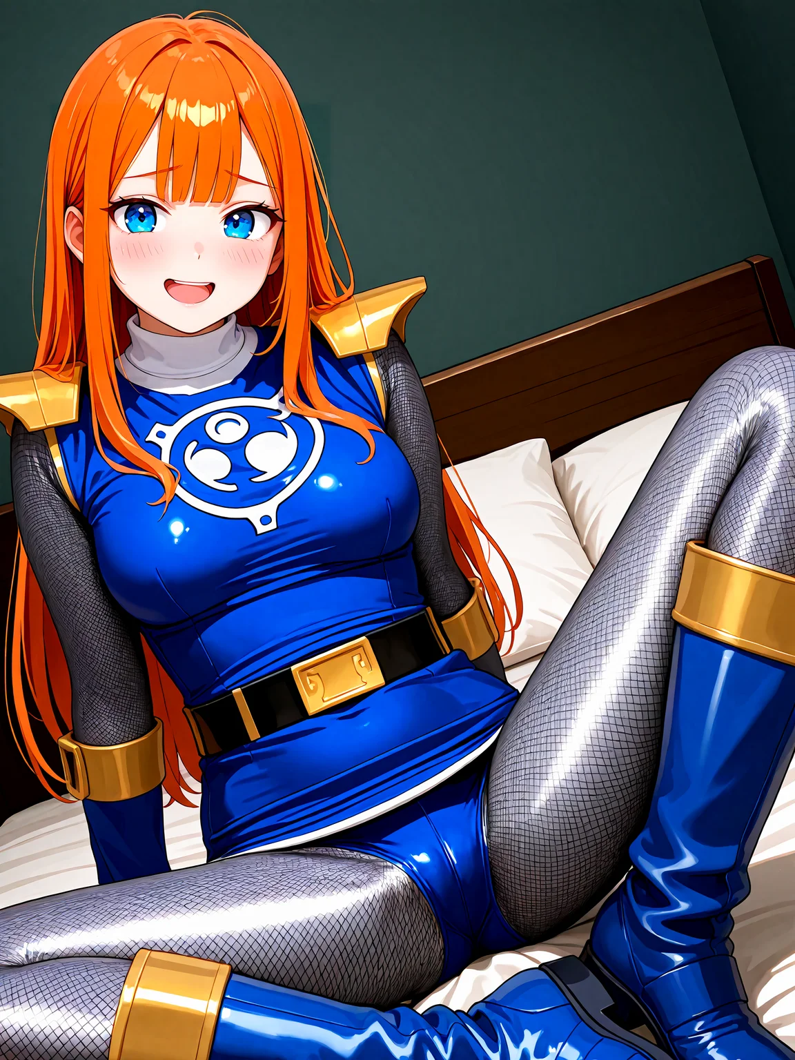 1girl, solo, sentaikageblue, shiny clothes, spandex, silver bodysuit, fishnet bodysuit, bodysuit under clothes, blue dress, shoulder pads, blue skirt, black belt, blue gloves, boots, blue footwear, colored shoe soles, <lora:Kage_Blue:1>, BREAK,
orange hair, center-flap bangs, sidelocks, long hair, blue eyes, medium breasts, BREAK,
embarrassed, open mouth, smile, blush, looking at viewer, BREAK,
sitting, spread legs, on bed, BREAK,
indoors, hotel