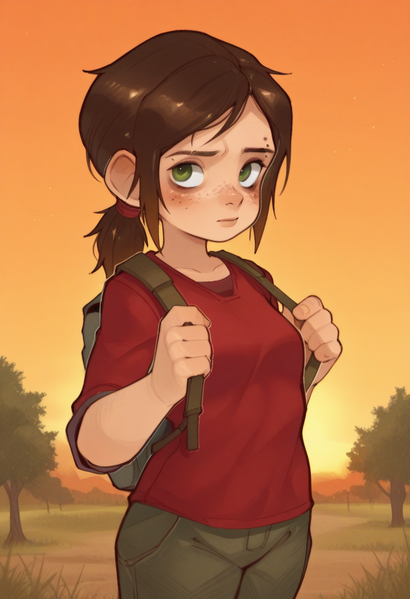 04N1M3R3style, masterpiece, best quality, solo,                                                                                    ellie\(the last of us\), green eyes, ponytail, freckles,  eyebrow raised, wooded area, trees, backpack,,  red shirt, sunset, warm colors,