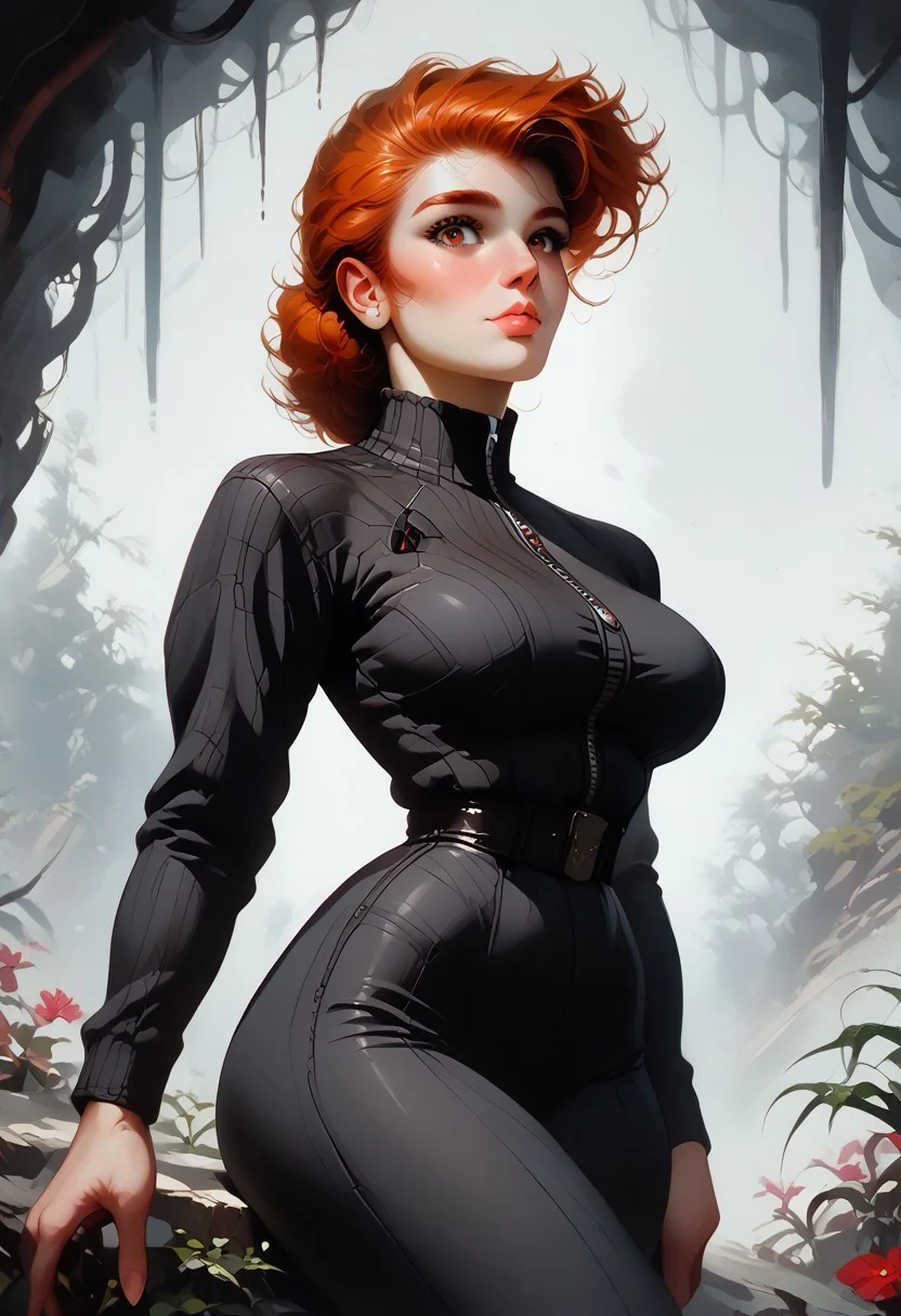 score_9, score_8_up, score_7_up, realistic, a woman, solo,
armored tactical military suit, fallout style, unzipping, muscular woman, abs, narrow waist,
cute perfect face, nerdy, slicked long ginger hair, very pretty, intricate, large breasts, perfect breasts, hips, thin, dynamic angle, braless, cinematic angle, black colored flowers,
leaning backwards,
thick thighs, thick lips, sexy posing, horny, looking at viewer, boris valejjo, retro,