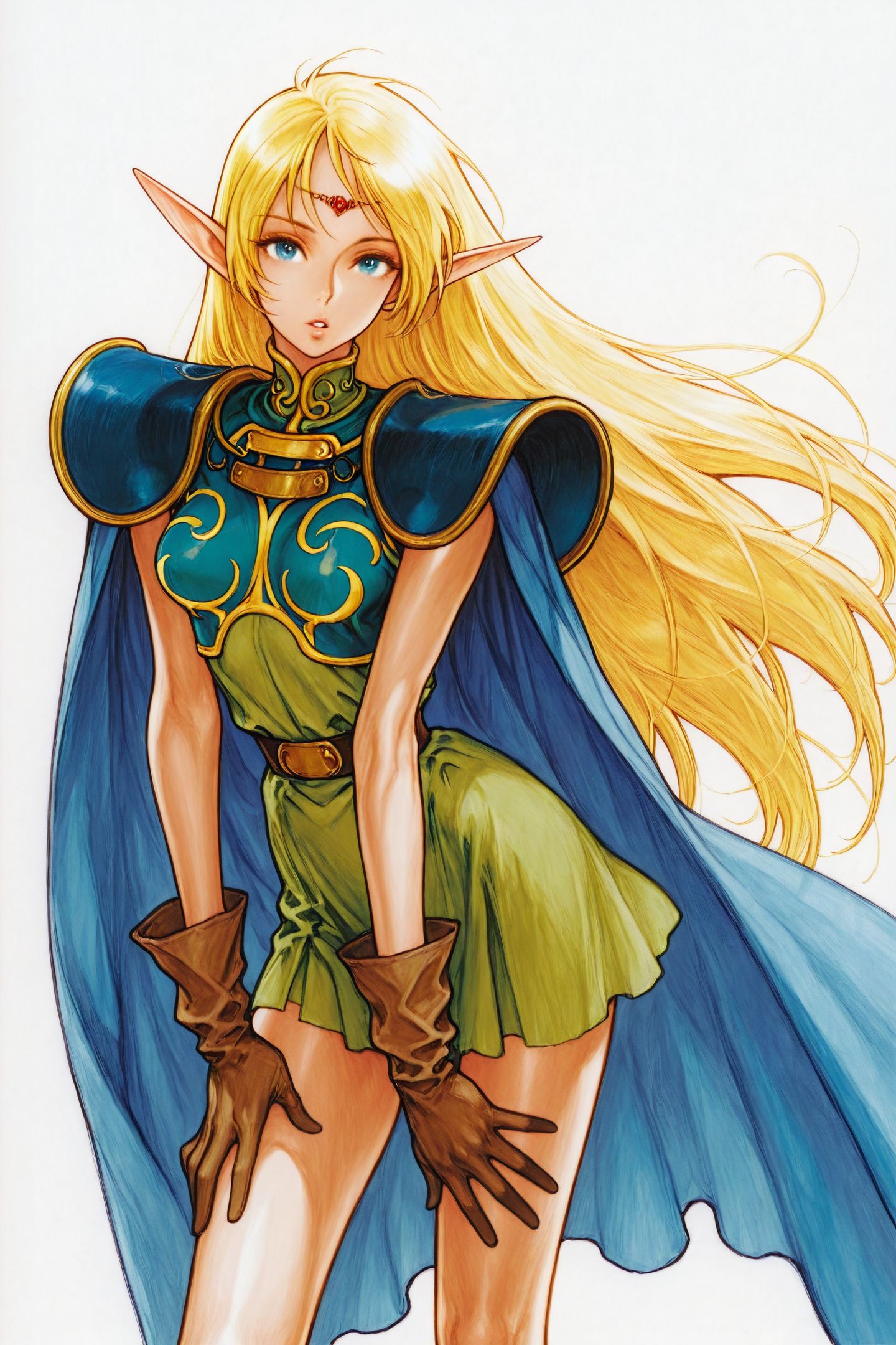 1girl,Deedlit,solo,pointy ears,long hair,blonde hair,gloves,elf,cape,blue cape,blue eyes,boots,circlet,very long hair,shoulder armor,parted lips,looking at viewer,white background,traditional media,
<lora:yuuki nobuteru_illustriousXL_v2:0.4>,
<lora:Kinu Nishimura_illustriousXL:1.8>,