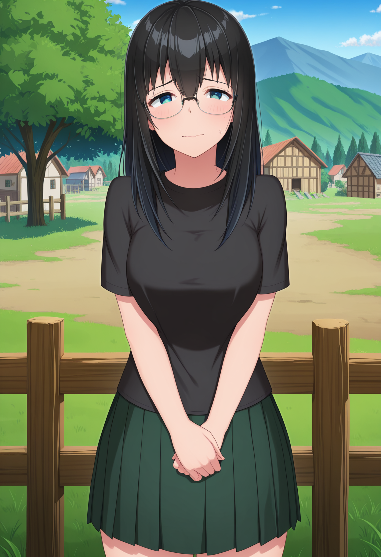 anime screencap, masterpiece, best quality, <lora:Keiko [Illustrious] Ota Guchi Field:1>, 1girl, solo, ContGirKei, glasses, black hair, long hair, black shirt, t-shirt, green skirt, pleated skirt, standing, looking at viewer, cowboy shot, nervous, fidgeting, outdoors, scenery, tree, village, grass, wooden fence, blue sky,