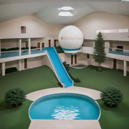 indoors, (church:1.1), sofa, swimming pool, mezzanine floor, railings, grass, flourescent lights, water slide, stairs, (ball, sphere:1.2), trees, hedge,
<lora:Liminal_Spaces_XL:1>