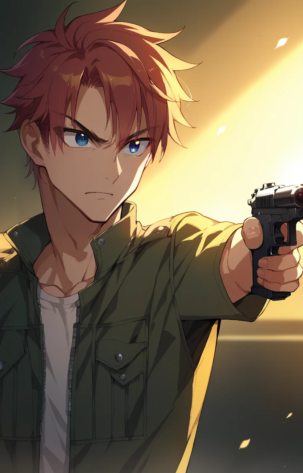 score_9, score_8_up, score_7_up,source_anime,rating_safe,highly detailed,1boy(adult),gun,aiming,centered,in frame,facing the viewer,<lora:ShoujiPonyXLV2:1>,