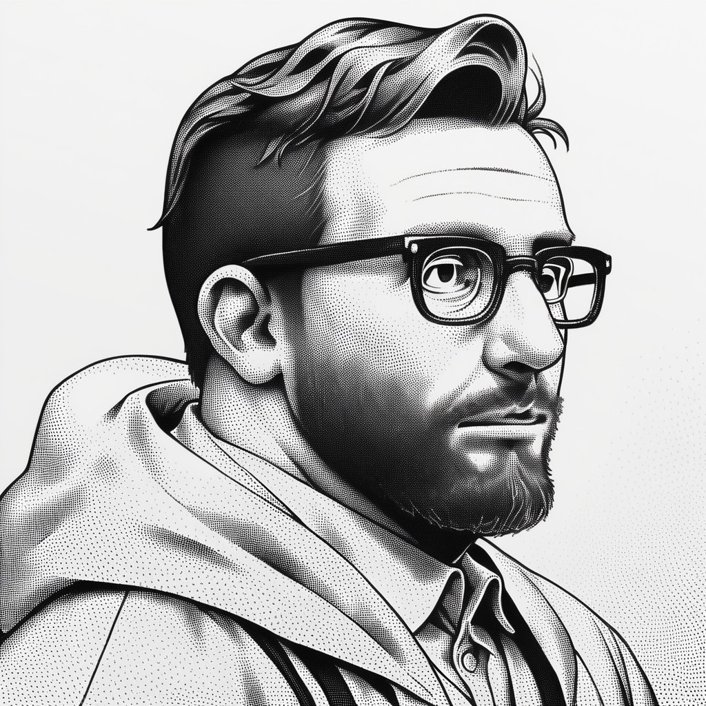 score_9, score_8_up, score_7_up, 1boy, glasses, solo, male focus, beard, facial hair, white background, hood, simple background, upper body, halftone, stippling, stippling drawing, stippling style, dot art style, monochrome shading, halftone effect, monochrome, greyscale, stippling, stippling drawing, stippling style