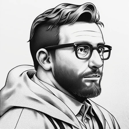 score_9, score_8_up, score_7_up, 1boy, glasses, solo, male focus, beard, facial hair, white background, hood, simple background, upper body, halftone, stippling, stippling drawing, stippling style, dot art style, monochrome shading, halftone effect, monochrome, greyscale, stippling, stippling drawing, stippling style