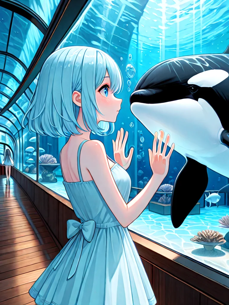absurdres, explicit, aquarium tunnel, aquarium, orca, gigantic animal, underwater, hands on glass, 1girl, short dress, window, reflection, floor, upper body, from side, profile, <lora:girllikedolphinunderwater_ilxl:1>
