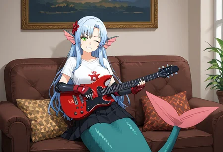 score_9, score_8_up, score_7_up, score_6_up, high resolution, gorgeous, absurdres, best quality, anime screencap, source_anime, 1girl, Marisa Milos, ((((mermaid)))), ((((mermaid tail)))), head fins, long hair, blue hair, green eyes, red tail, large breasts, black skirt, blue t-shirt, red bandana, elbow guard, fingerless gloves, hair ornament, sitting, couch, smile, electric guitar, holding instrument, playing, wink, looking at viewer, Expressiveh, living room