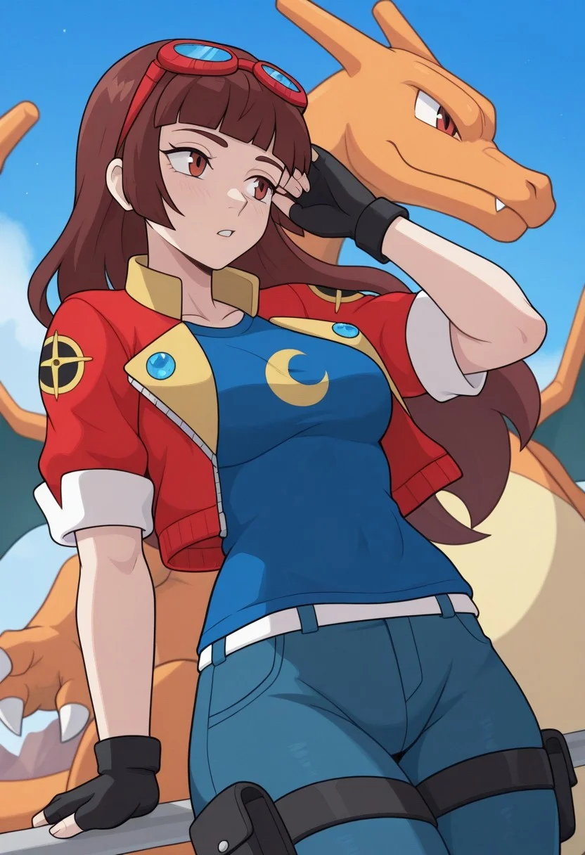 masterpiece, best quality, newest, absurdres, highres, luna-utopus, long hair, brown hair, brown eyes, blunt bangs, fingerless gloves, red jacket, eyewear on head, black gloves, open jacket, cropped jacket, goggles on head, blue shirt, crescent on shirt, short sleeves, outside, sky, charizard, flyin on charizard, flying in the air, far shot,