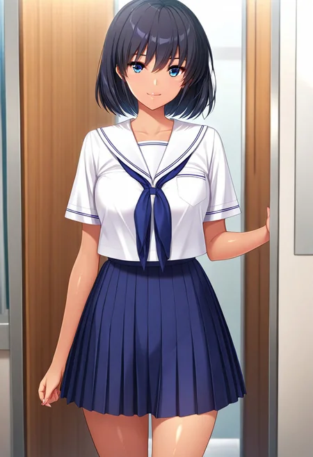 KawaYuuki, KoiAmstyle, tan, (absurdres, best quality, masterpiece:1.4), amazing quality, highres, newest, detailed, detailed body, detailed face, beautiful, looking at viewer,
BREAK
1girl, solo, black hair, Short hair, Blue eyes, white serafuku, blue neckerchief, blue pleated skirt, smile, standing