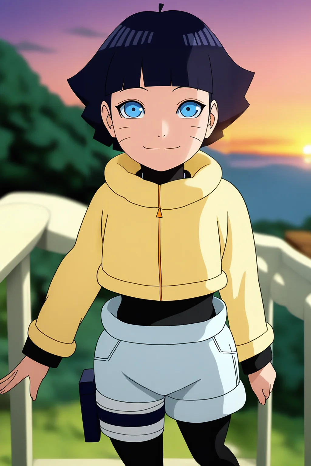 sharp focus, pixiv masterpiece, source_anime, score_9, score_8_up,  score_7_up, score_6_up, absurd res, BREAK
<lora:Himawari_Uzumaki_IL_v1-000012:0.9>,uzumaki_himawar1_shinobi_illu, uzumaki_himawar1_illu, 1girl, solo, dark_blue_hair, short_hair,yellow jacket, grey_shorts, black leggings, looking at viewer, , blurry background, faint smile,  sunset, cowboy shot, leg-holster