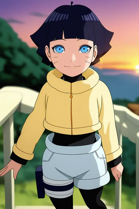 sharp focus, pixiv masterpiece, source_anime, score_9, score_8_up, score_7_up, score_6_up, absurd res, BREAK
<lora:Himawari_Uzumaki_IL_v1-000012:0.9>,uzumaki_himawar1_shinobi_illu, uzumaki_himawar1_illu, 1girl, solo, dark_blue_hair, short_hair,yellow jacket, grey_shorts, black leggings, looking at viewer, , blurry background, faint smile, sunset, cowboy shot, leg-holster
