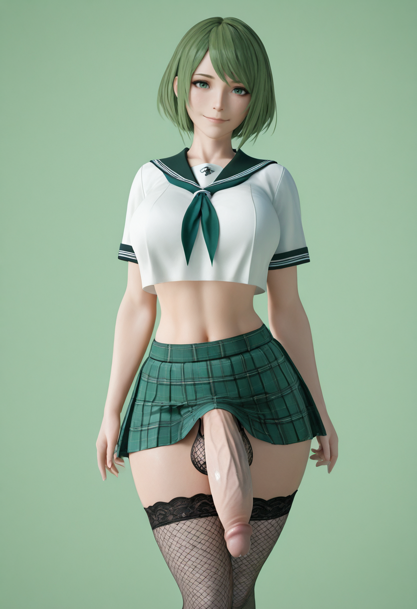 masterpiece, best quality, <lora:stevencarson:1> st3v3nc4rs0n, 3d, blender \(medium\), 
1girl, solo,
looking at viewer, light smile,
school uniform, skirt, miniskirt, thighhighs, plaid skirt, fishnets, panties, bra, lingerie, crop top, shirt, futanari, flaccid, 
simple background, Olive Green  background, outline,