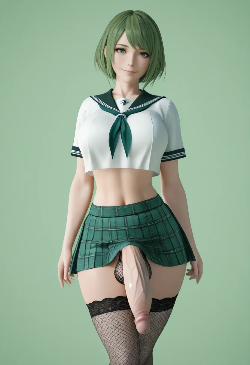 masterpiece, best quality, <lora:stevencarson:1> st3v3nc4rs0n, 3d, blender \(medium\), 
1girl, solo,
looking at viewer, light smile,
school uniform, skirt, miniskirt, thighhighs, plaid skirt, fishnets, panties, bra, lingerie, crop top, shirt, futanari, flaccid, 
simple background, Olive Green  background, outline,