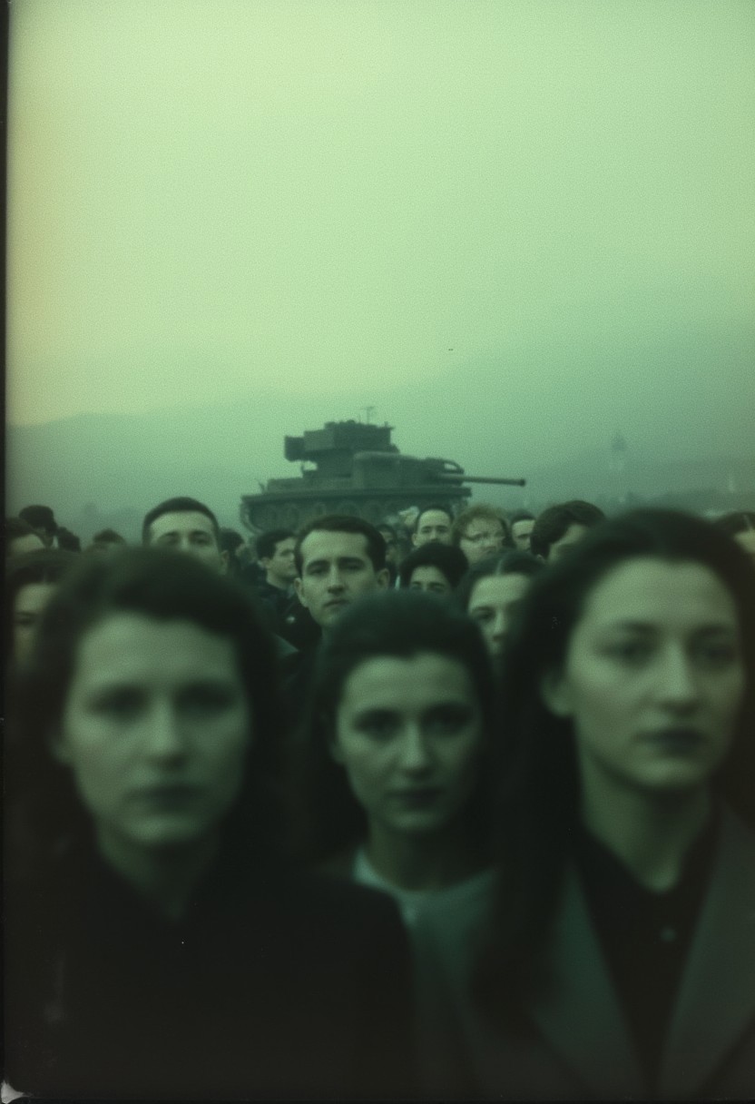 "A blurry, candid shot of a crowd marching silently, their faces smudged into oblivion, vintage film texture, muted greens and yellows fading into gray, a tank’s silhouette dissolving into the horizon, dreamlike and heavy." cinematic_1940s cinematic_octane
