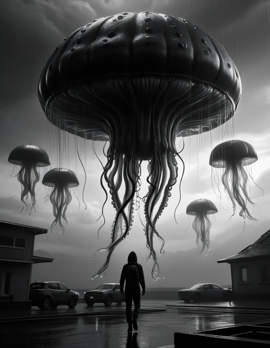 intimidating horrific alien arival:1.3 ,ultra detailed, ultra realistic, futuristic jellyfish flying in alien xenamorph sky, hostile black stormy:1.5 sky, Monsoon-like Rain <lora:ral-chrosc-bw:1> ral-chrosc-bw