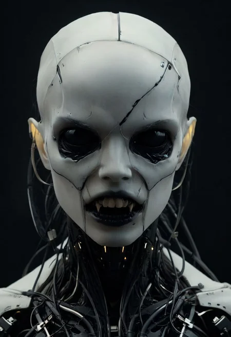Closeup Portrait of DARK outworn Sci-fi Cyborg with translucent vampire teeth, wires and cables implementation overall face, zavy-bcklt,