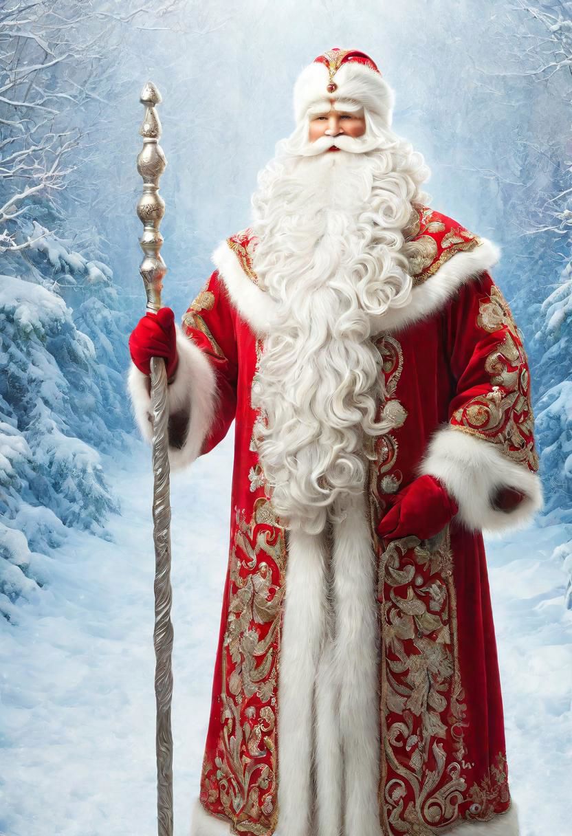 ((best quality)), ((masterpiece)), detailed soft oil painting, detailed background, soft edge lighting, professional, ultra quality, 4k,(masteriece, best quality, 8k, ultra highres, highres:1.4), extremely detailed, 
((a strong man of 60 years old with a long snow-white beard in the image of Russian, slavic Ded Moroz)) 
(standing:2) (full body photo:2) in the snowy forest, 
stands in a snowy forest among snow-covered fir trees, 
in a white fur coat trimmed with swan down or sable fur, embroidered with traditional Russian ornaments in silver - stars, crosses, geese, drawing in the style of oil painting, medium brush strokes, khokhloma style, slavic style, 
On the head is a traditional white warm boyar hat in the shape of a semi-oval, decorated with traditional Russian silver and pearl embroidery, trimmed with swan's down.
on her hands are huge white three-fingered mittens, decorated with traditional Russian silver embroidery.
The fur coat is tied with a white sash, embroidered with traditional Russian patterns.
On his feet are exclusively white felt boots embroidered with silver.
(((With his right hand he holds a long magical crystal staff with a twisted handle. The staff is decorated with a moon and a bull's head))). 
looks at the viewer, cheerful calm kind look, kind smile, cheeks red from frost, 
winter, a bright sunny frosty day, fluffy Christmas trees in snow, snow sparkles under the rays of the sun,
 by Viktor Vasnetsov, by Vasily Surikov