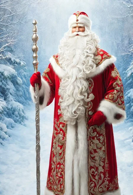 ((best quality)), ((masterpiece)), detailed soft oil painting, detailed background, soft edge lighting, professional, ultra quality, 4k,(masteriece, best quality, 8k, ultra highres, highres:1.4), extremely detailed, 
((a strong man of 60 years old with a long snow-white beard in the image of Russian, slavic Ded Moroz)) 
(standing:2) (full body photo:2) in the snowy forest, 
stands in a snowy forest among snow-covered fir trees, 
in a white fur coat trimmed with swan down or sable fur, embroidered with traditional Russian ornaments in silver - stars, crosses, geese, drawing in the style of oil painting, medium brush strokes, khokhloma style, slavic style, 
On the head is a traditional white warm boyar hat in the shape of a semi-oval, decorated with traditional Russian silver and pearl embroidery, trimmed with swan's down.
on her hands are huge white three-fingered mittens, decorated with traditional Russian silver embroidery.
The fur coat is tied with a white sash, embroidered with traditional Russian patterns.
On his feet are exclusively white felt boots embroidered with silver.
(((With his right hand he holds a long magical crystal staff with a twisted handle. The staff is decorated with a moon and a bull's head))). 
looks at the viewer, cheerful calm kind look, kind smile, cheeks red from frost, 
winter, a bright sunny frosty day, fluffy Christmas trees in snow, snow sparkles under the rays of the sun,
 by Viktor Vasnetsov, by Vasily Surikov