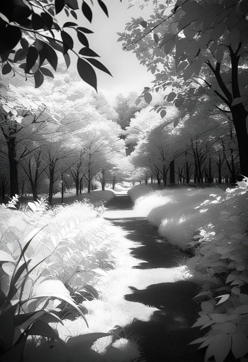 masterpiece, best quality, very aesthetic, absurdres,
Infrared_photography, greyscale, monochrome, no humans, scenery, outdoors, leaf, nature, plant, tree, grass
 <lora:Infrared_photography_SDXL_V1:1>