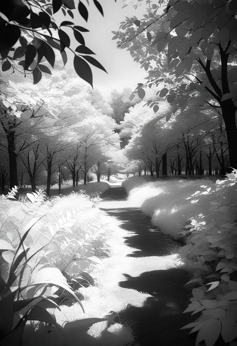 masterpiece, best quality, very aesthetic, absurdres,
Infrared_photography, greyscale, monochrome, no humans, scenery, outdoors, leaf, nature, plant, tree, grass
<lora:Infrared_photography_SDXL_V1:1>