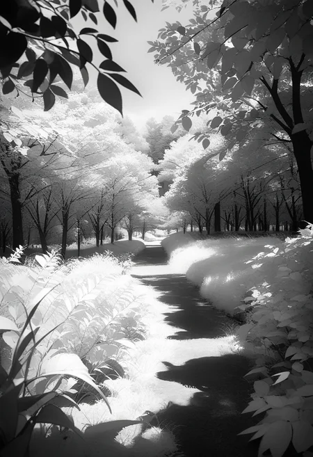 masterpiece, best quality, very aesthetic, absurdres,
Infrared_photography, greyscale, monochrome, no humans, scenery, outdoors, leaf, nature, plant, tree, grass
<lora:Infrared_photography_SDXL_V1:1>