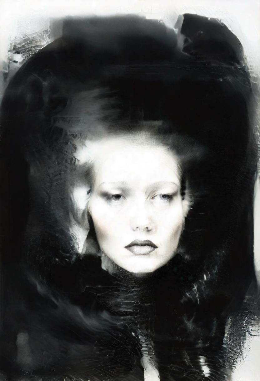 Monochrome black and white, Dali, Magritte, Delvaux, Bellmer, Malevitch, Rodchenko, Mondrian, Kandinsky, Popovna, psychedelic hallucination, pop surrealism, rough crosshatch drawing pop art Lunatic_Portrait of a young woman in latex Avant-garde Fashion page, slick back, low bun, black makeup, sinister expression, intense glare, avant-garde, abstract, weird, geometric, constructivism, suprematism, rayonism, verticism, lineism, tj