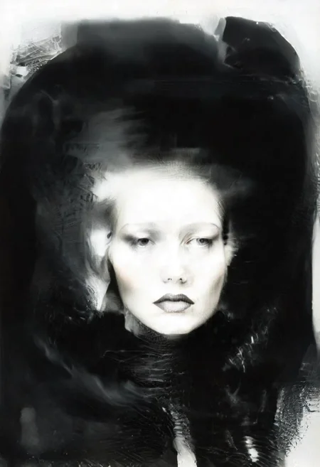 Monochrome black and white, Dali, Magritte, Delvaux, Bellmer, Malevitch, Rodchenko, Mondrian, Kandinsky, Popovna, psychedelic hallucination, pop surrealism, rough crosshatch drawing pop art Lunatic_Portrait of a young woman in latex Avant-garde Fashion page, slick back, low bun, black makeup, sinister expression, intense glare, avant-garde, abstract, weird, geometric, constructivism, suprematism, rayonism, verticism, lineism, tj