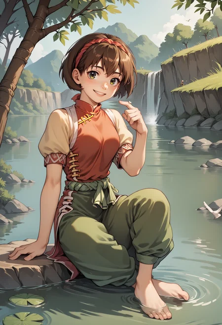 1girl, solo, short hair, brown hair, headband, chinese clothes, red shirt, short sleeves, yellow sleeves, green pants, sitting, bird on finger, barefoot, feet submerged, lake, light smile, full body, cowboy shot, outdoors, forest <lora:Nanami_XL:1>, score_9, score_8_up, score_7_up, score_6_up, score_5_up, score_4_up, BREAK source_anime, masterpiece