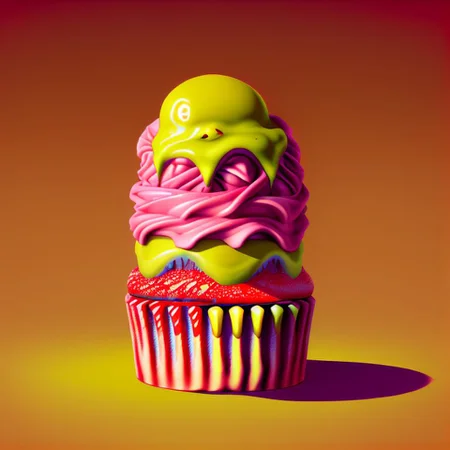 food_crit, cupcake with big red teeth and rainbow frosting