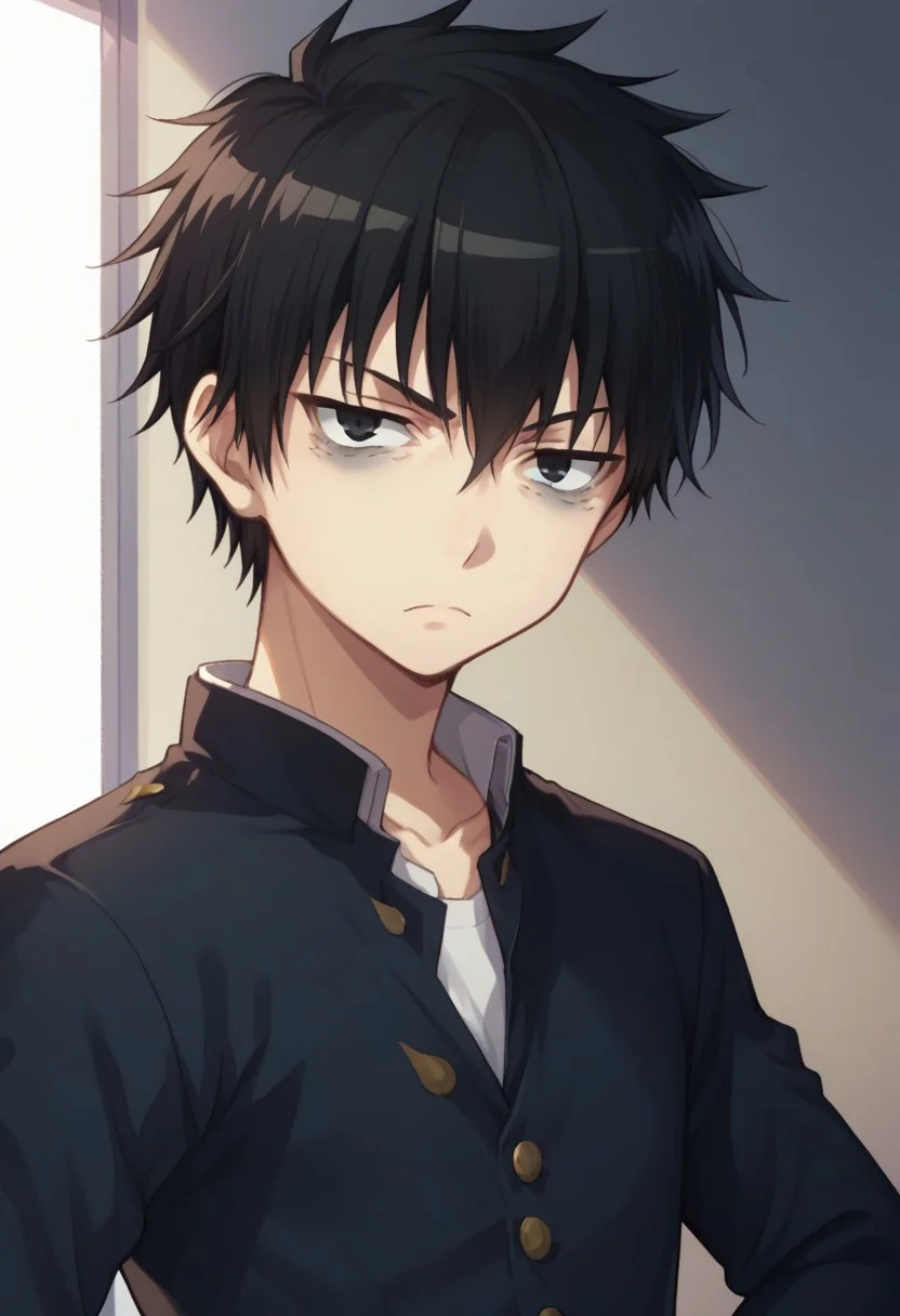 score_9, score_8_up, score_7_up, source_anime, highly detailed,
tomoki, 1boy, male focus, solo, black hair, school uniform, gakuran, upper body, hand on hip, black eyes, bags under eyes, looking at viewer,