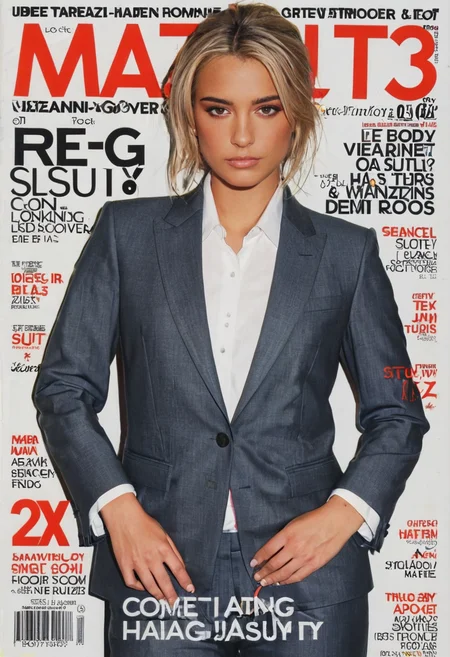 half body photo of a woman, d1x13, wearing a suit, magazine cover, looking at viewer, <lora:Dixie_Damelio_SDXL_blonde_r1:.9>