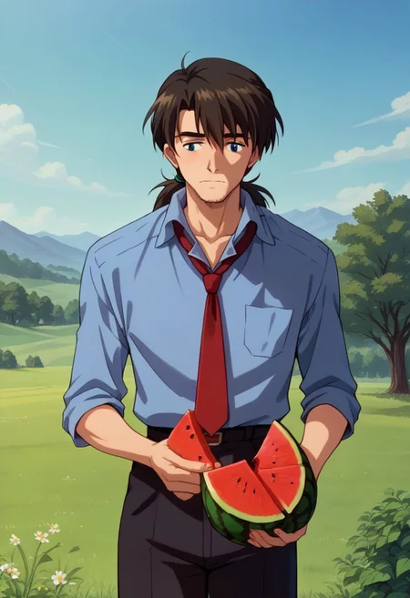 score_9, score_8_up, score_7_up, source_anime, kaji_blueshirt, <lora:Degen_Rouji_Kaji:1>, pants, closed mouth, low ponytail, adjusting necktie, red tie,
((holdind watermelon)), blue sky, hills, beds, grass,