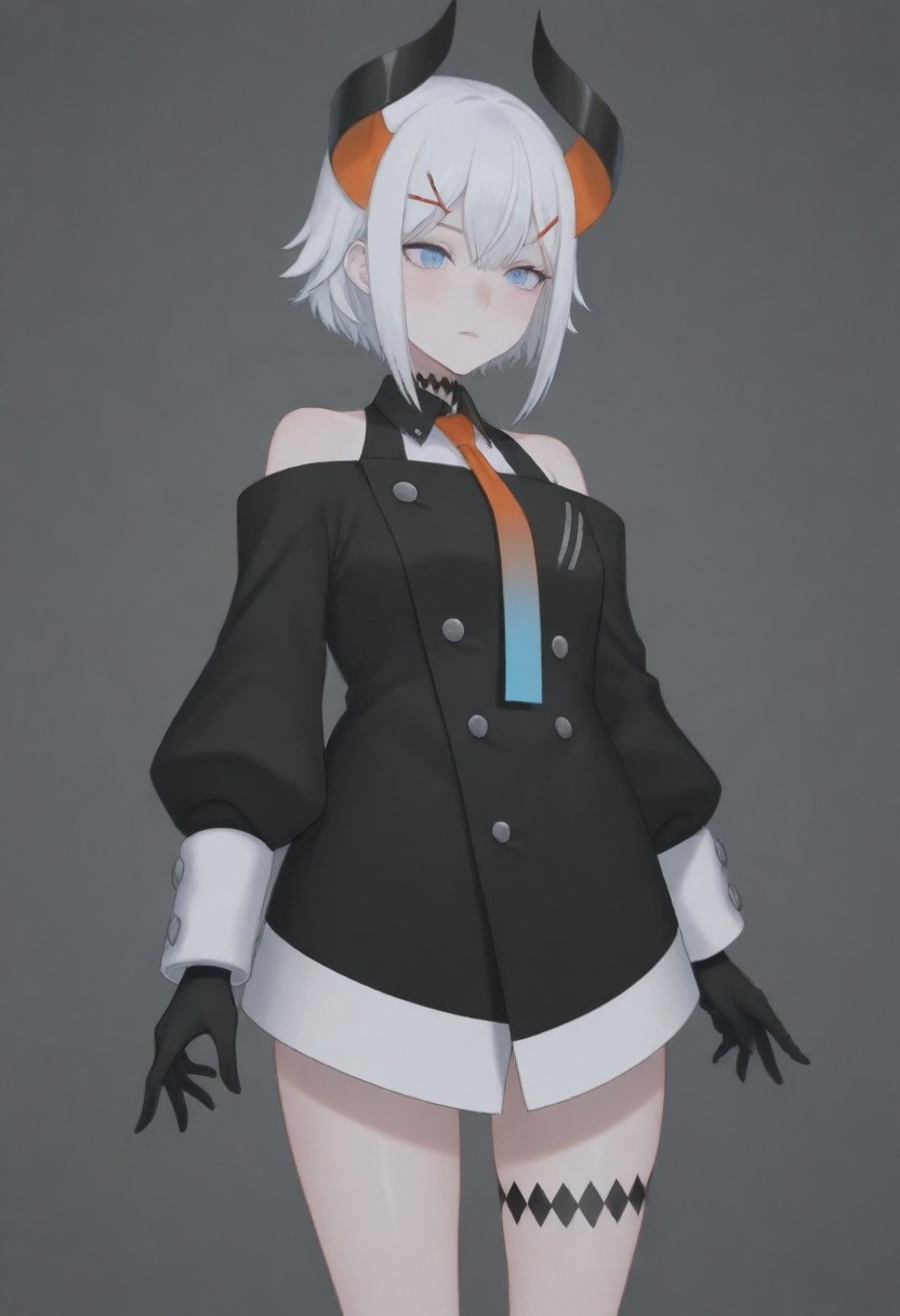 masterpiece, best quality, amazing quality,,, shiny skin,,,,,,,,nijilevi,,blue eyes,white hair,horn,pail skin,short hair,hairclip,nijilevicos,collared shirt,bare shoulder,gradient necktie,puffy long sleeves,white cuffs,black gloves,single thigh strap,