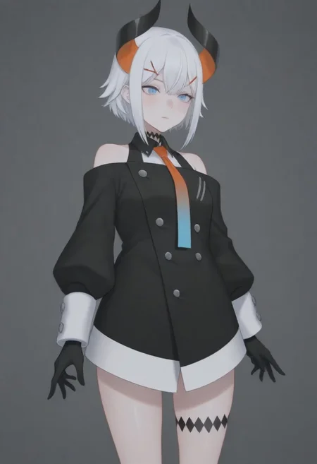 masterpiece, best quality, amazing quality,,, shiny skin,,,,,,,,nijilevi,,blue eyes,white hair,horn,pail skin,short hair,hairclip,nijilevicos,collared shirt,bare shoulder,gradient necktie,puffy long sleeves,white cuffs,black gloves,single thigh strap,